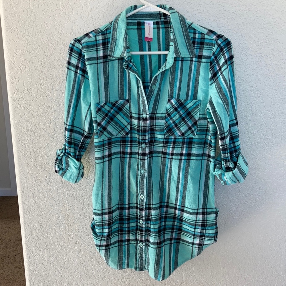 No Boundaries Mint Green Plaid Flannel